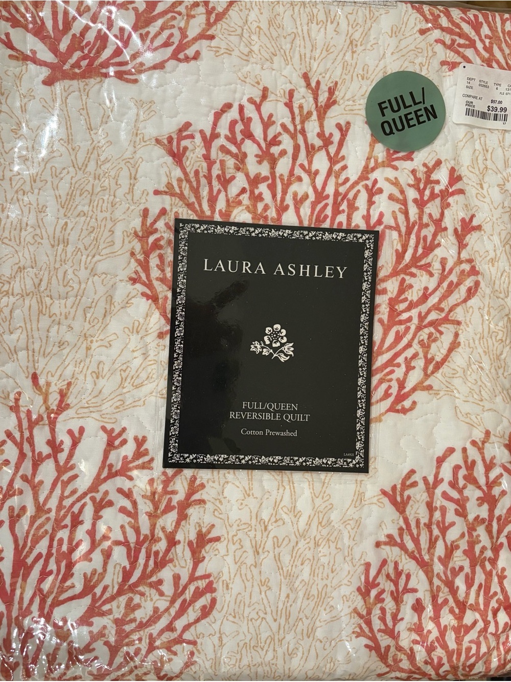Laura Ashley Coral Reef Full/Queen Reversible Quilt - Coral on Cream